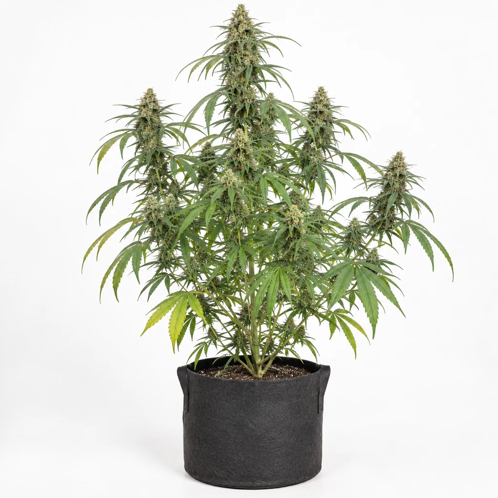 Ilustración de una planta en floración para la ficha de Super Pineapple Haze Feminizada, con varias ramas y maceta negra sobre fondo blanco. Ilustración de una planta en floración para la ficha de Super Pineapple Haze Feminizada, con varias ramas y maceta negra sobre fondo blanco.