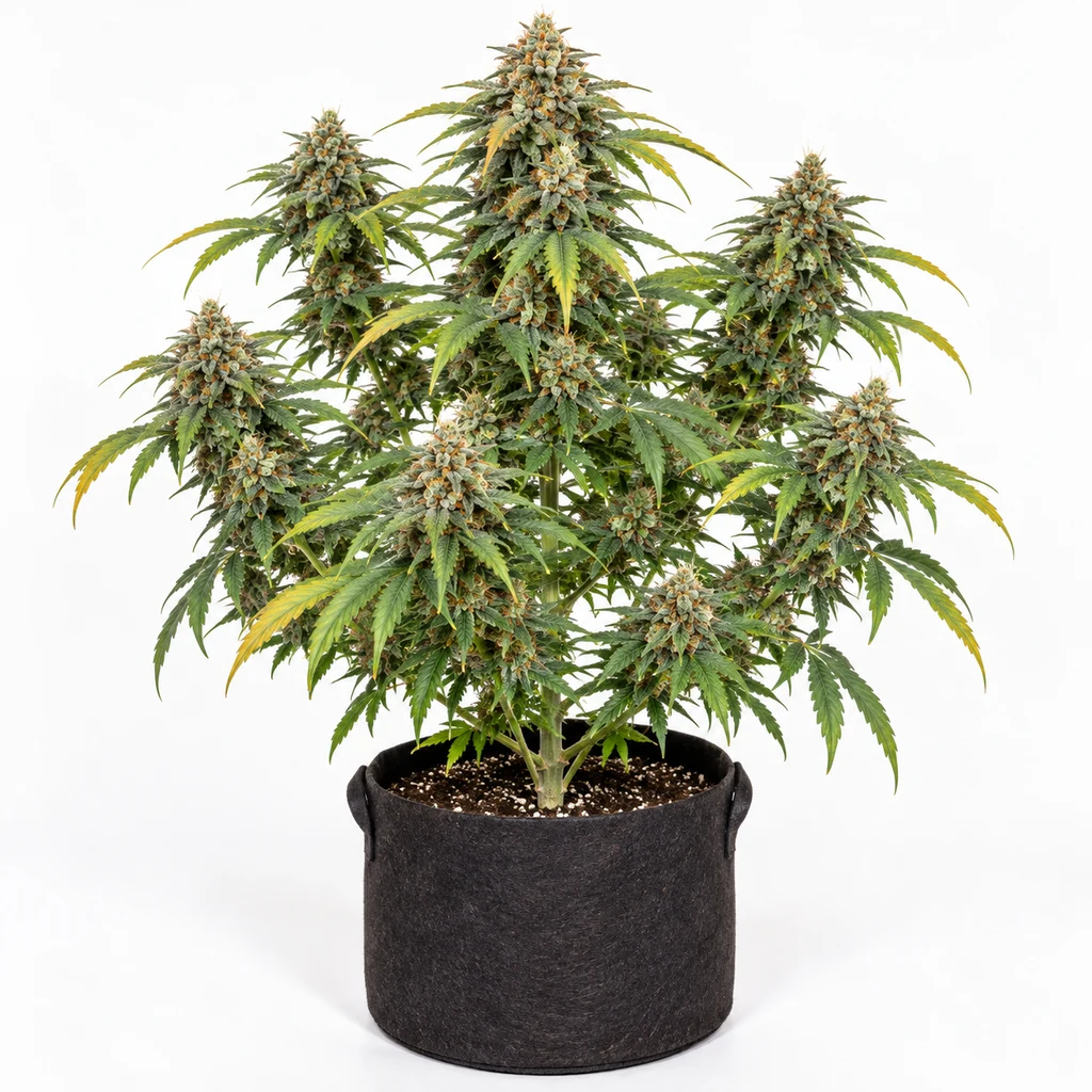 Ilustración de cannabis en maceta negra, con cogollos voluminosos y hojas verdes y amarillas, para la ficha de Orange Sherbet Fast Flowering.