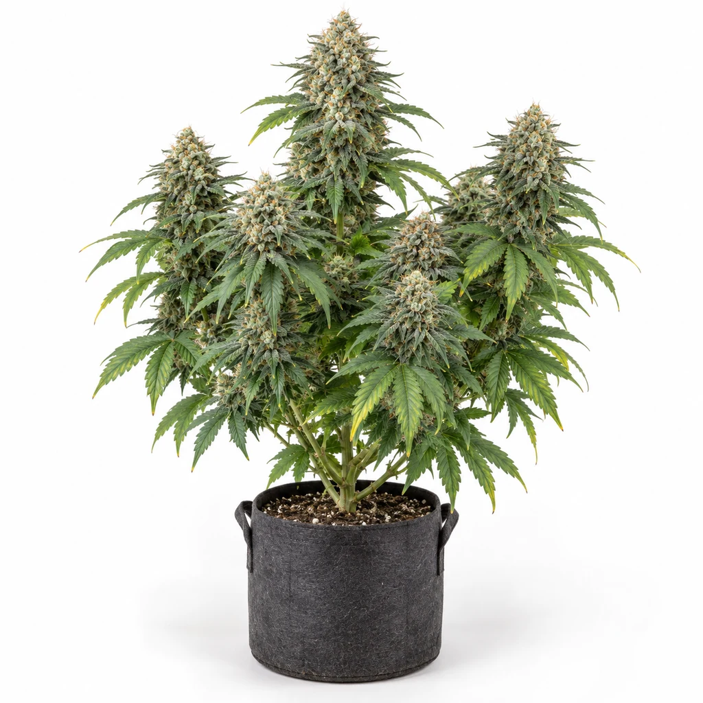 Ilustración de una planta de cannabis en floración para la ficha de McFly Feminizada, con varias flores y maceta textil oscura.