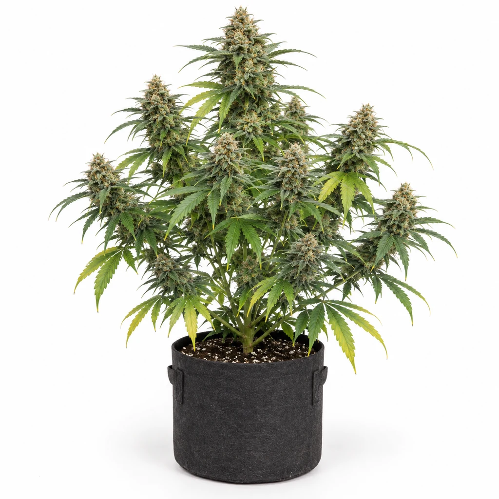 Ilustración de una planta de cannabis en floración para la ficha de Harlequin 0,3/13 Auto, con varios cogollos en maceta oscura sobre fondo blanco.