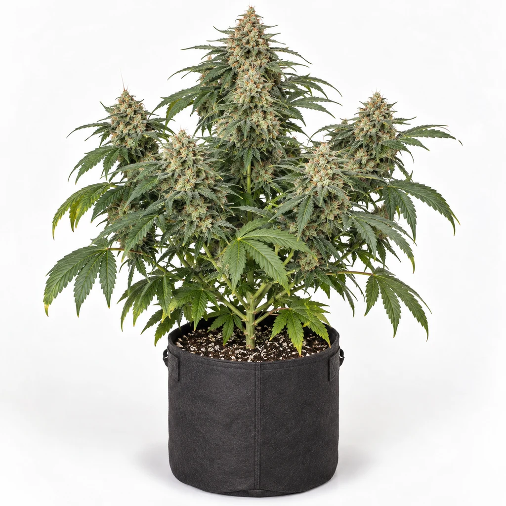 Ilustración de una planta con cogollos y hojas verdes en maceta negra para la ficha de Pre-99 Big Bud Feminizada.