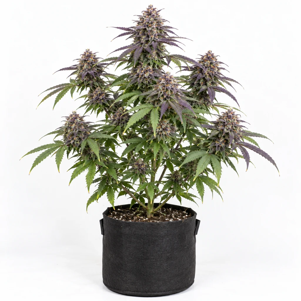 Ilustración de una planta en floración para la ficha de Auto Purple People Eater, con tonos morados y maceta negra sobre fondo blanco.