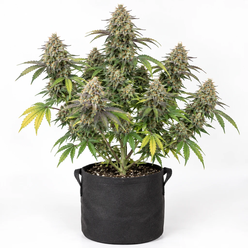 Ilustración de una planta de cannabis en floración en maceta negra, con varias colas, para la ficha de Bubble Banana Gum Feminizada.