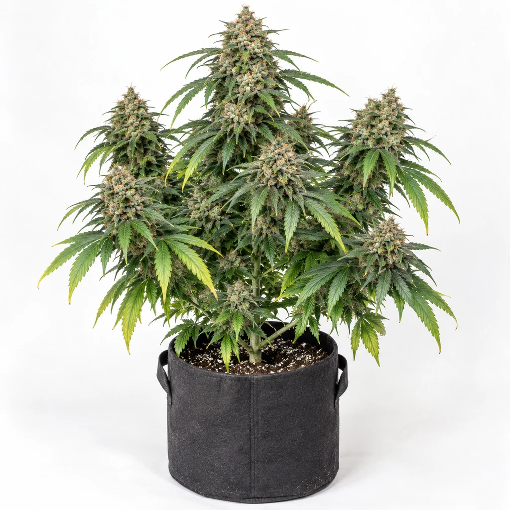Ilustración de una planta de cannabis en floración para la ficha de Critical Lemon Feminizada, con varios cogollos y maceta negra sobre fondo blanco.
