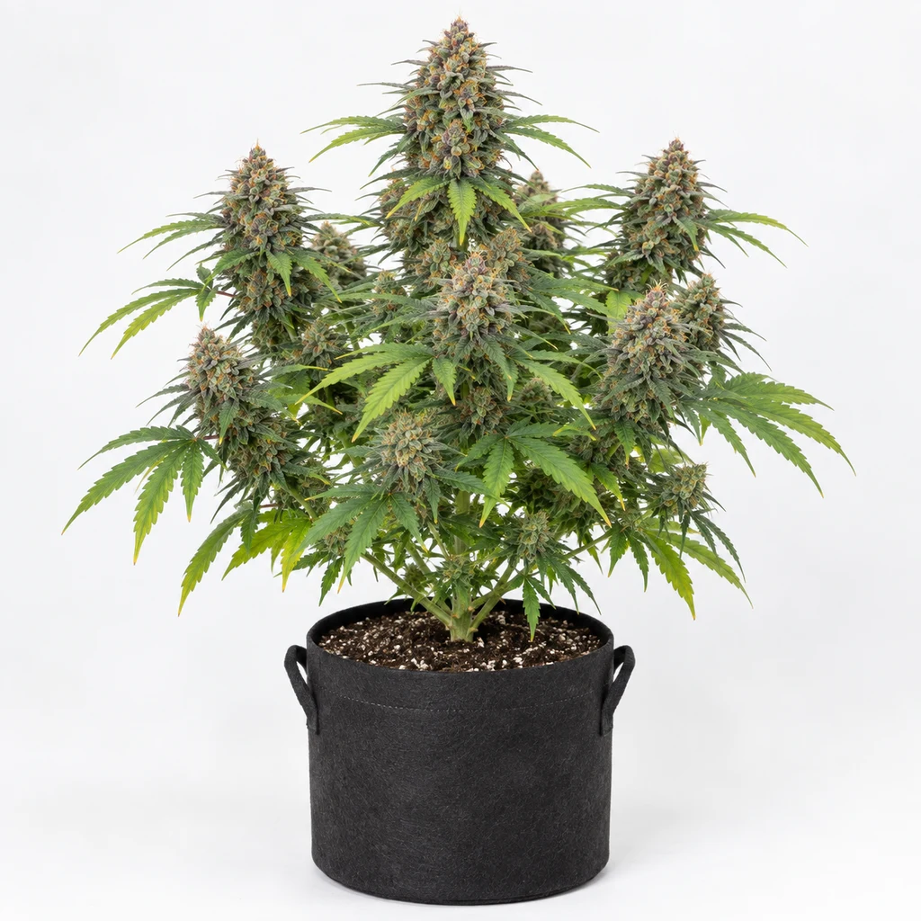 Ilustración de una planta de cannabis con cogollos y hojas verdes en maceta negra para la ficha de Lemon Zkittlez Feminizada de Spain Seeds.