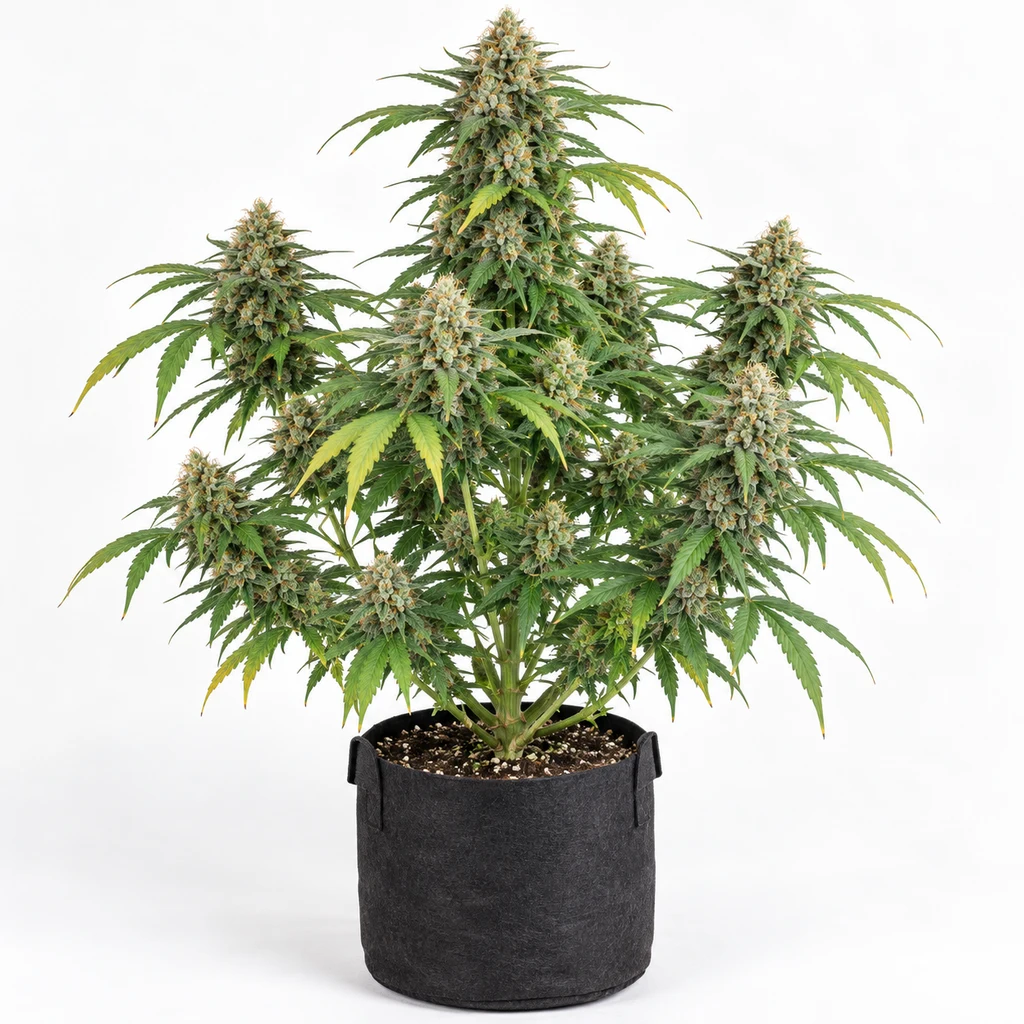 Ilustración de una planta en floración en maceta negra, con cogollos densos, para la ficha de White Gold Feminizada – White Label.