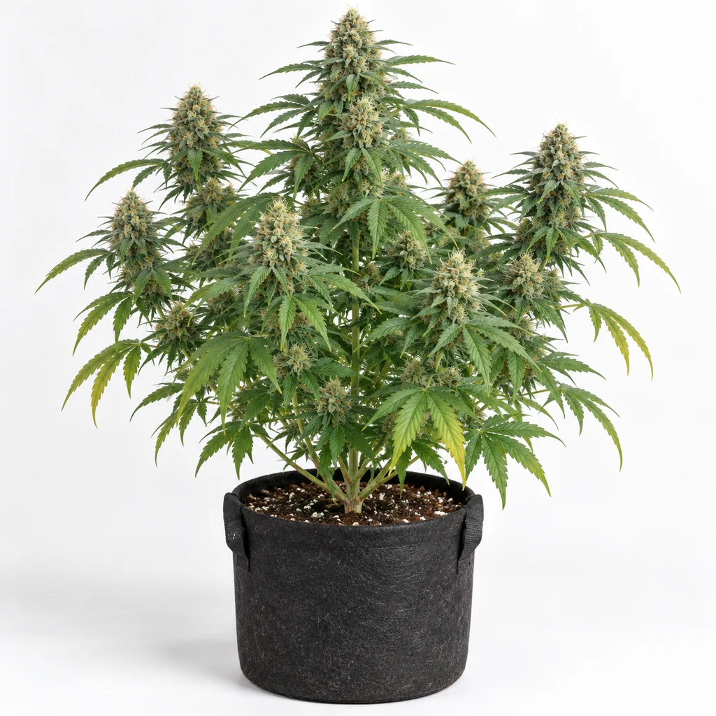 Ilustración de una planta en floración en maceta negra para la ficha de White Widow CBD Feminizada de Pyramid Seeds.
