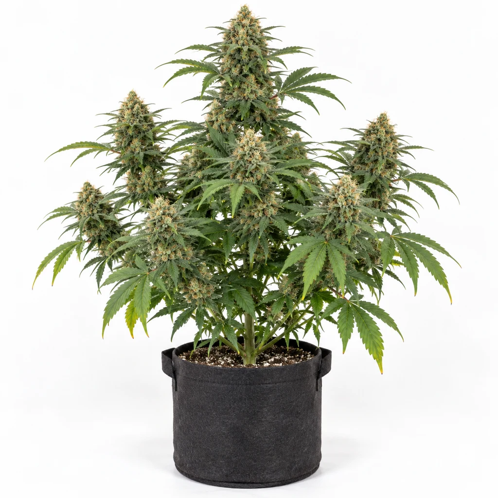 Ilustración de una planta de cannabis en floración en maceta negra, con varias ramas y cogollos, para la ficha de Auto White Widow.