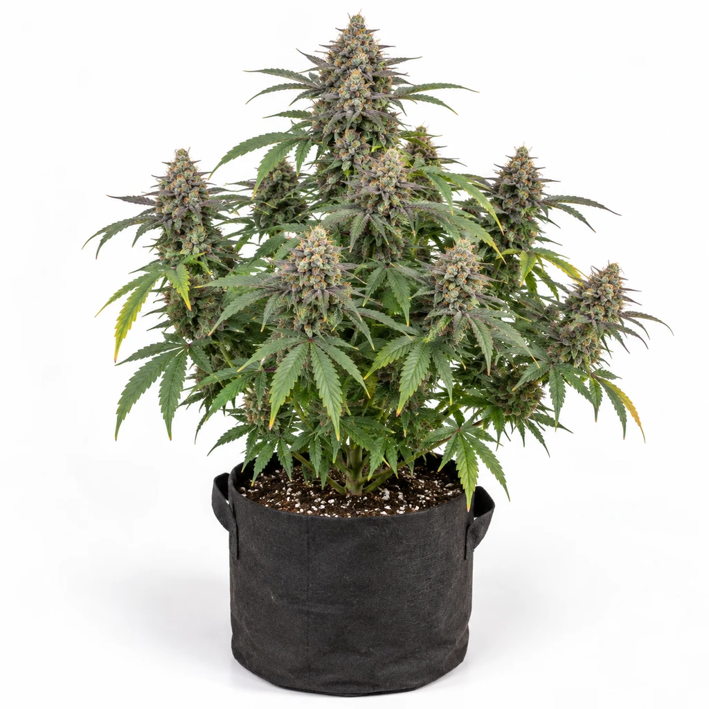Ilustración de una planta ramificada con varios cogollos en maceta negra para la ficha de Radical Juice Auto, sobre fondo blanco.