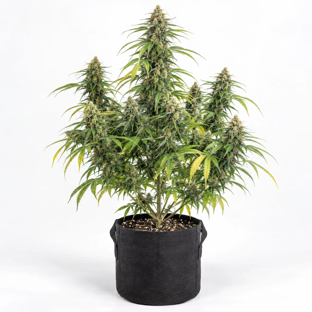 Ilustración de una planta de cannabis en floración para la ficha de Critical Jack Condor Autofloreciente, en maceta negra sobre fondo blanco.