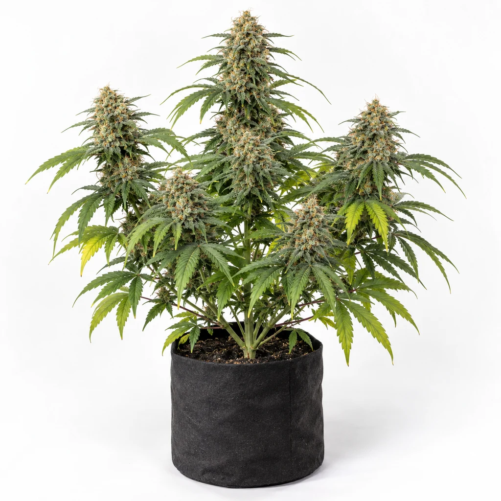 Ilustración de una planta de cannabis en floración en maceta negra para la ficha de CBD Collections #1 Feminizadas de 00 Seeds.