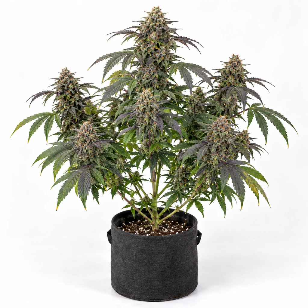 Ilustración de una planta en floración en maceta negra para la ficha de Satin Black Domina CBD, con cogollos y hojas verdes y moradas.