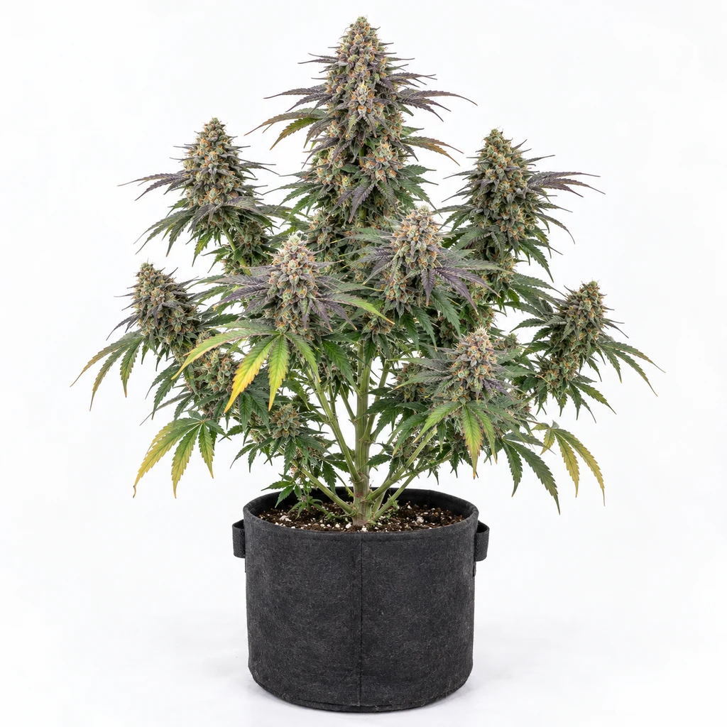 Ilustración de planta para la ficha de Mango Cherry Runtz Auto, con cogollos alargados, hojas verdes y moradas y maceta negra de tela.