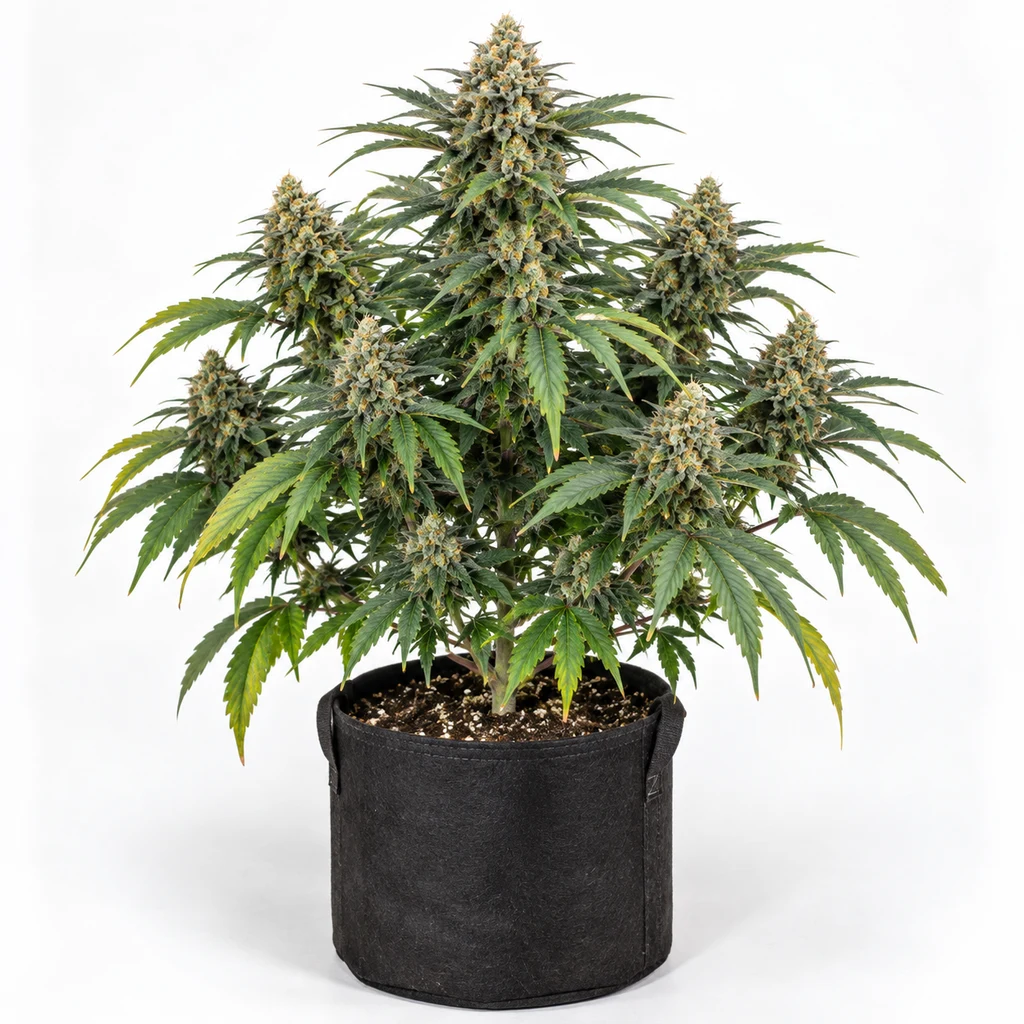 Ilustración de una planta en floración en maceta negra para la ficha de MAC Mango Feminizada, con cogollos y hojas verdes sobre fondo blanco.