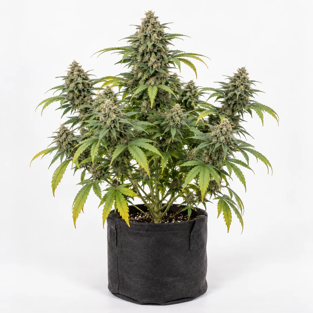 Ilustración de una planta en floración para la ficha de Monster CBD, con cogollos, hojas verdes y amarillas y maceta de tela negra.