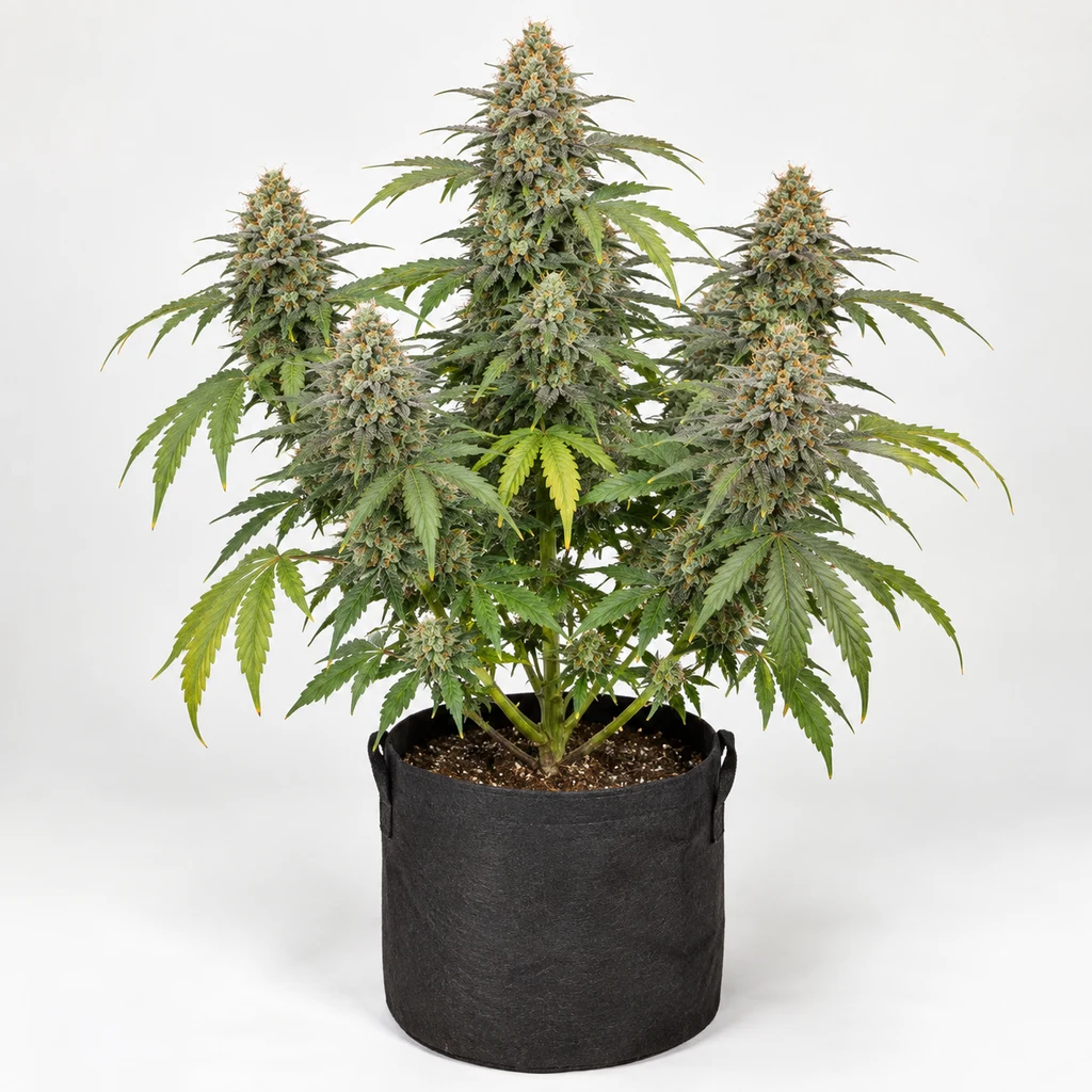 Ilustración de una planta de cannabis en floración para la ficha de Slushy Feminizada, con cogollos y maceta negra sobre fondo claro.