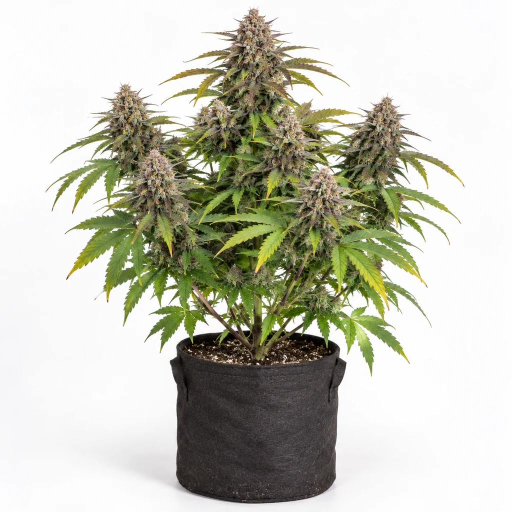 Ilustración de una planta de cannabis en floración para la ficha de Cherry Pie Feminizada, con cogollos y maceta textil negra.