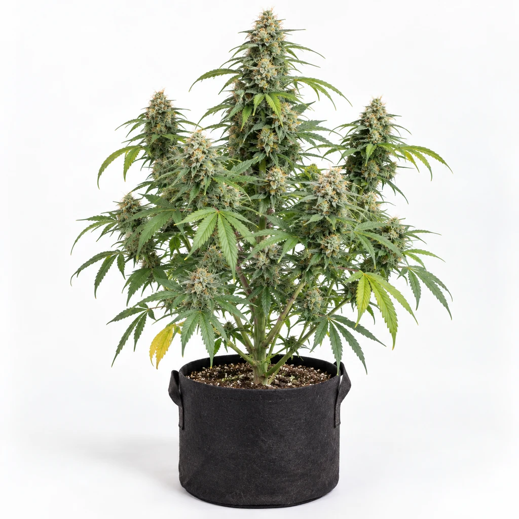 Ilustración de una planta de cannabis en floración para la ficha de Jack Herer Feminizada de Seed Stockers, en maceta negra.
