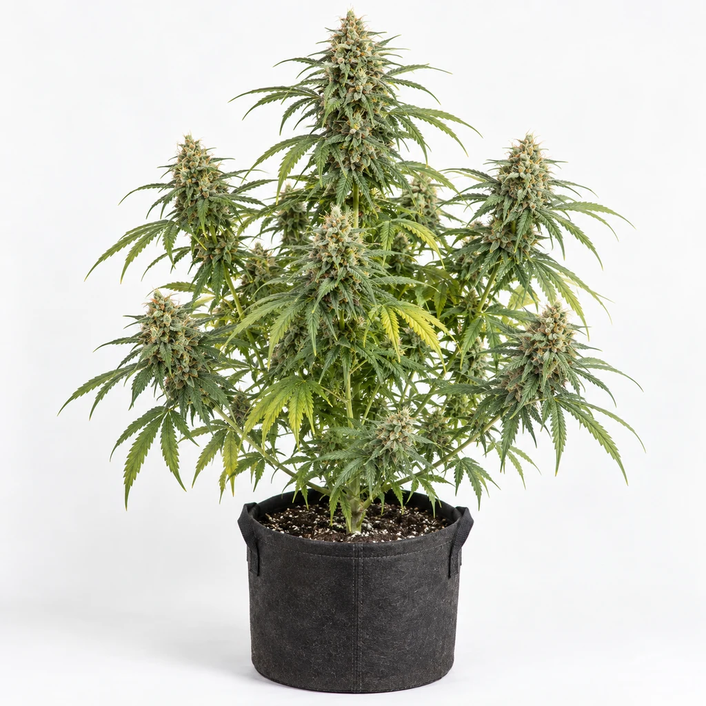 Ilustración de una planta de cannabis en floración para la ficha de Honey Melon Haze, con varias ramas floridas en una maceta negra sobre fondo blanco.