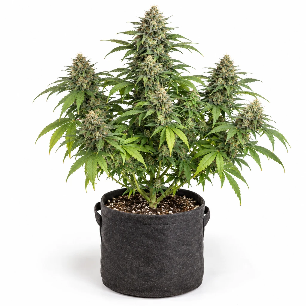 Ilustración de una planta en floración para la ficha de Northern Lights x Skunk, con cogollos y maceta negra sobre fondo blanco.