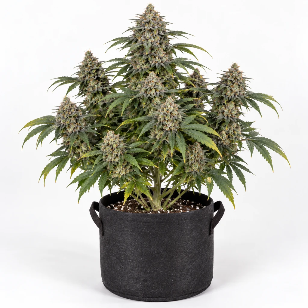 Ilustración de una planta de cannabis con flores voluminosas y hojas verdes en maceta textil negra, para la ficha de Monster Cookies Feminizada.