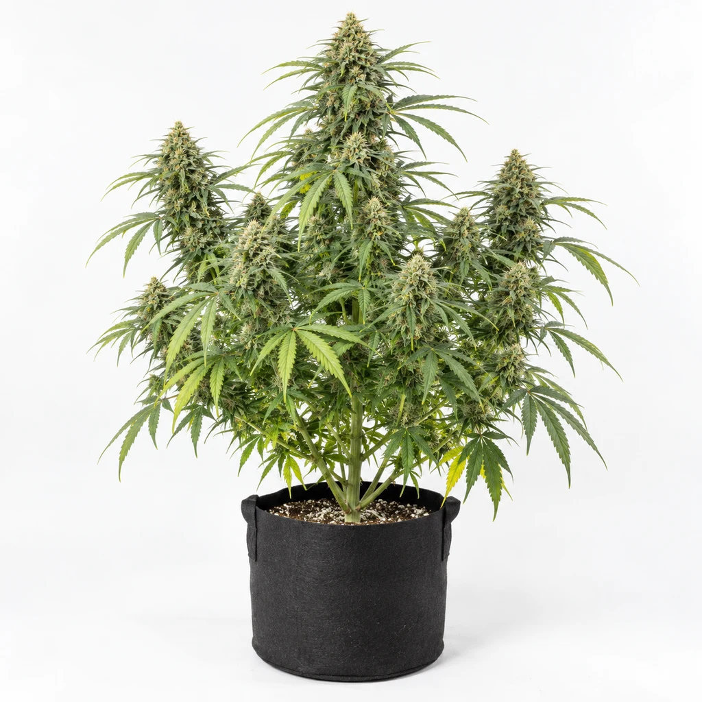 Ilustración de una planta ramificada en maceta negra, con cogollos y hojas verdes, para la ficha de Amnesia Haze Ultra CBD Feminizada.