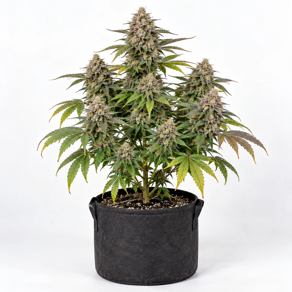 Ilustración de una planta en floración para la ficha de Zkittlez Auto, con cogollos voluminosos y maceta negra sobre fondo blanco.
