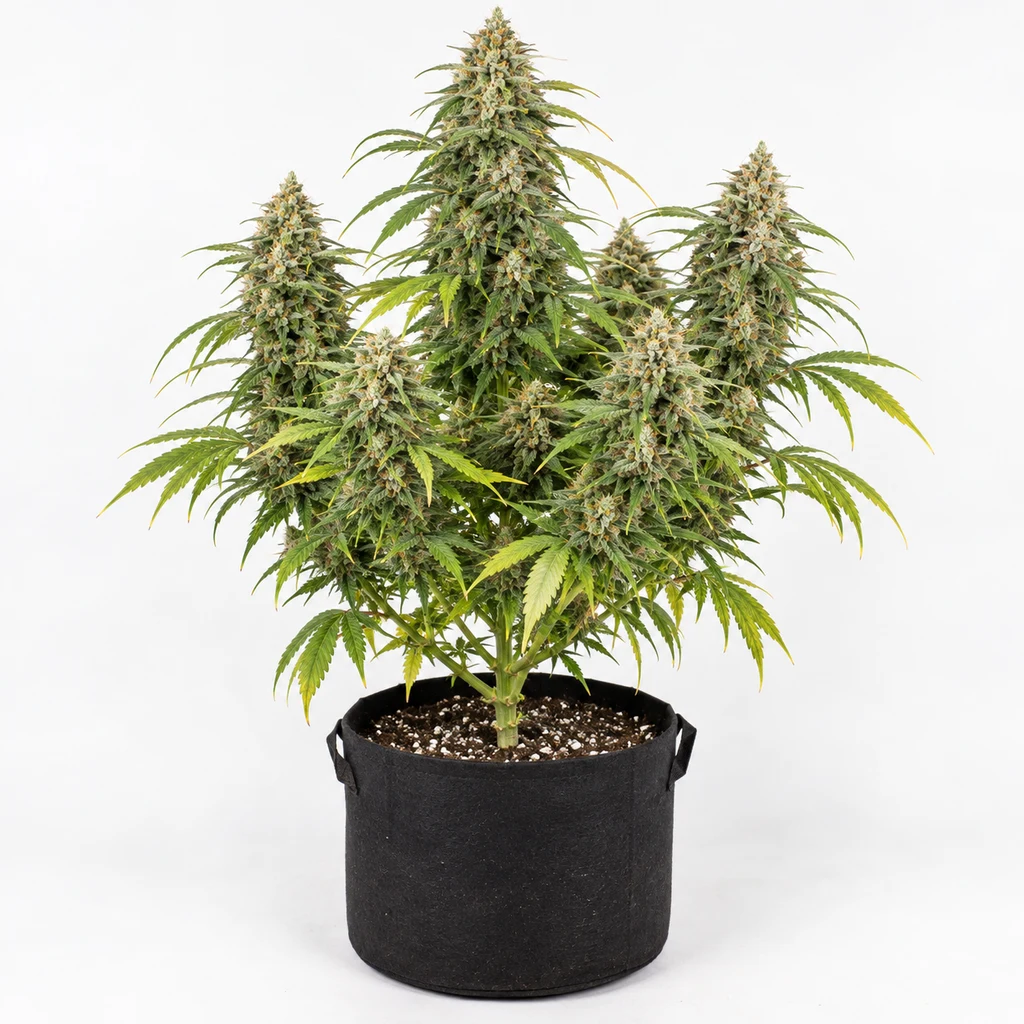 Ilustración de una planta en floración para la ficha de Banana Velvet OG Triploide, con varios cogollos y maceta negra sobre fondo blanco.