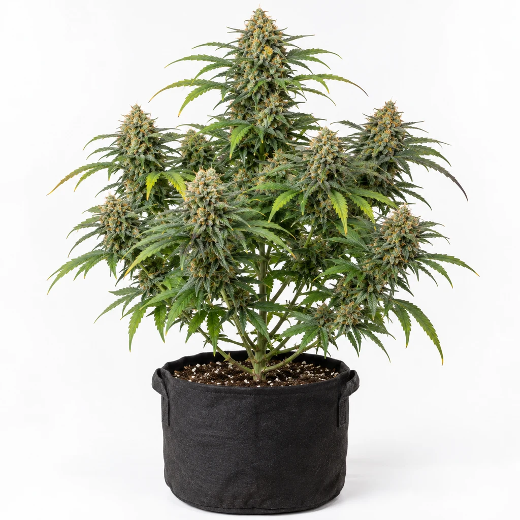 Ilustración de una planta de cannabis en floración en maceta negra para la ficha de Auto Return of the Mac, sobre fondo blanco.