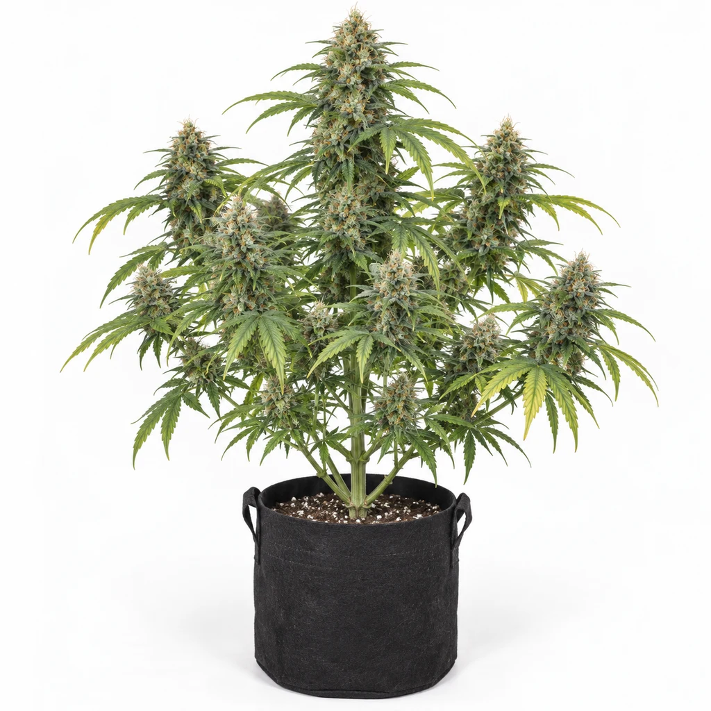 Ilustración de una planta en floración en maceta negra con asas para la ficha de Amnesia Amazon Haze Autofloreciente.