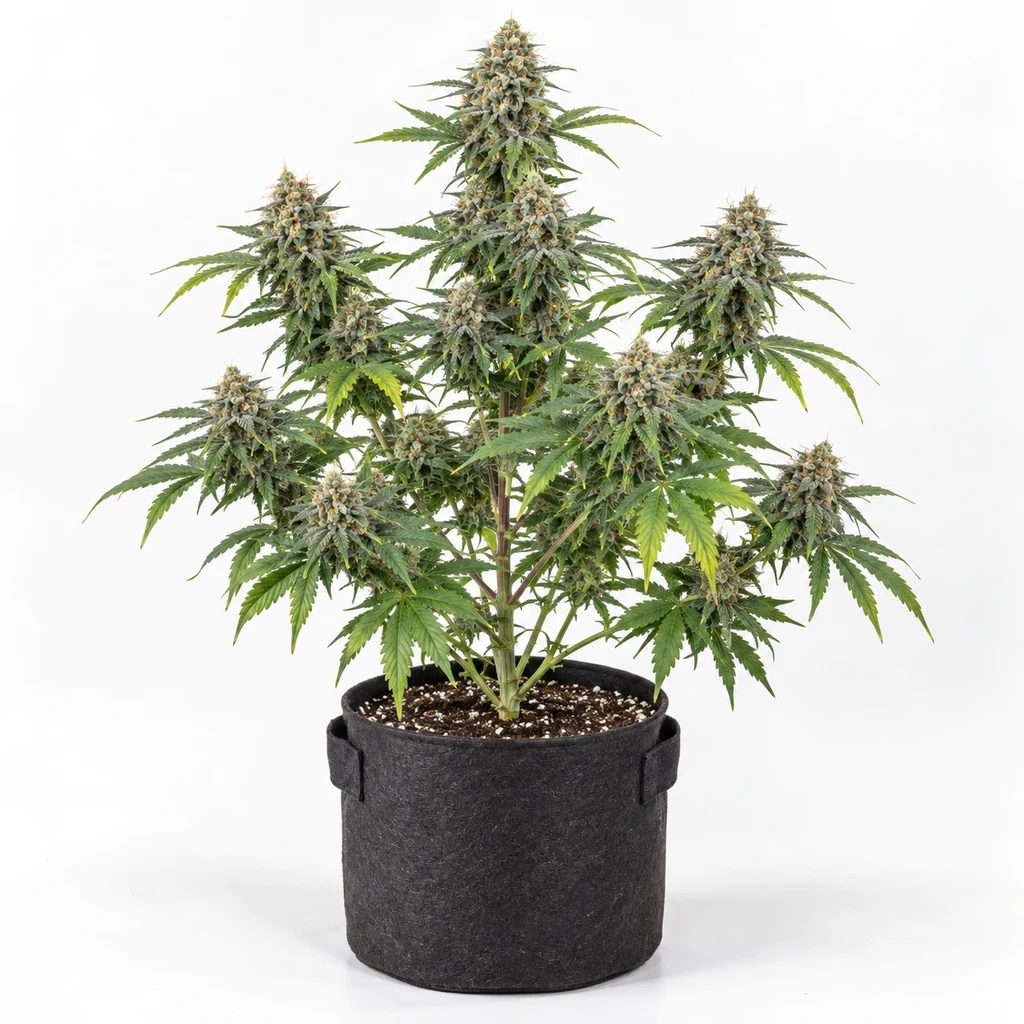 Ilustración de una planta de cannabis en floración, con varias ramas y maceta negra con asas, para la ficha de Vision Gelato Auto.