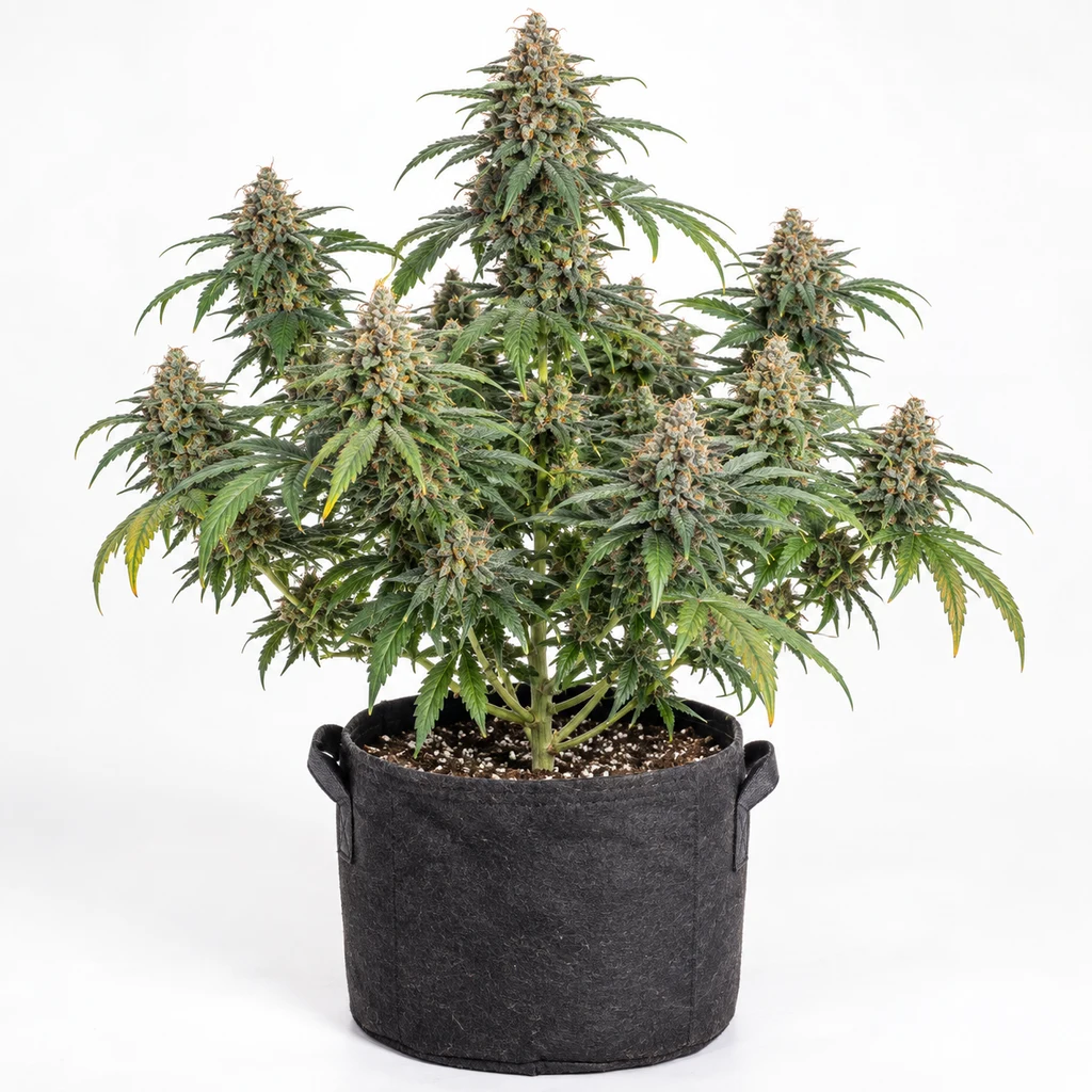 Ilustración de una planta de cannabis en floración en maceta negra, para la ficha de Chem Bomb Auto de Humboldt Seeds.