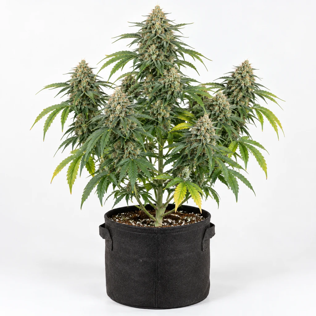 Ilustración de cannabis en floración en maceta negra, con cogollo central alto, para la ficha de Over Dawg Feminizada de Medical Seeds.