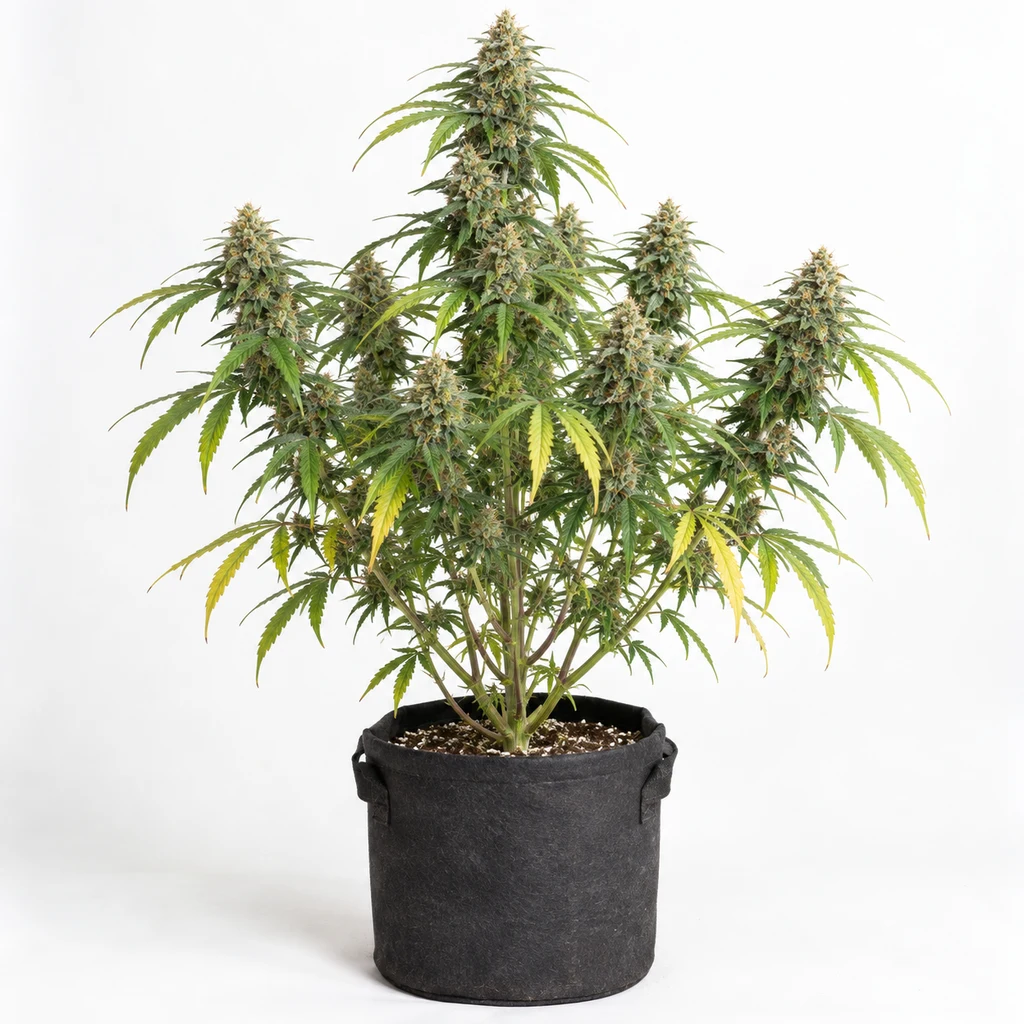 Ilustración de una planta de cannabis en floración para la ficha de RPï43, con cogollos y hojas verdes y amarillas en una maceta textil negra.