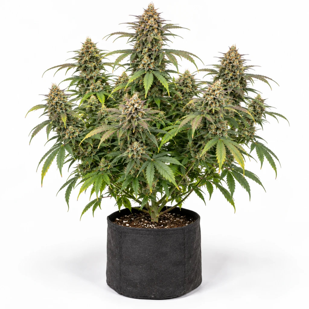 Ilustración de una planta de cannabis con copa ancha, cogollos y maceta negra para la ficha de Strawberry Banana Auto.