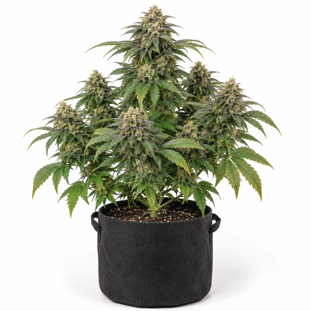 Ilustración de una planta de cannabis con varios cogollos en maceta negra para la ficha de Acai Bacio Feminizada de White Label.