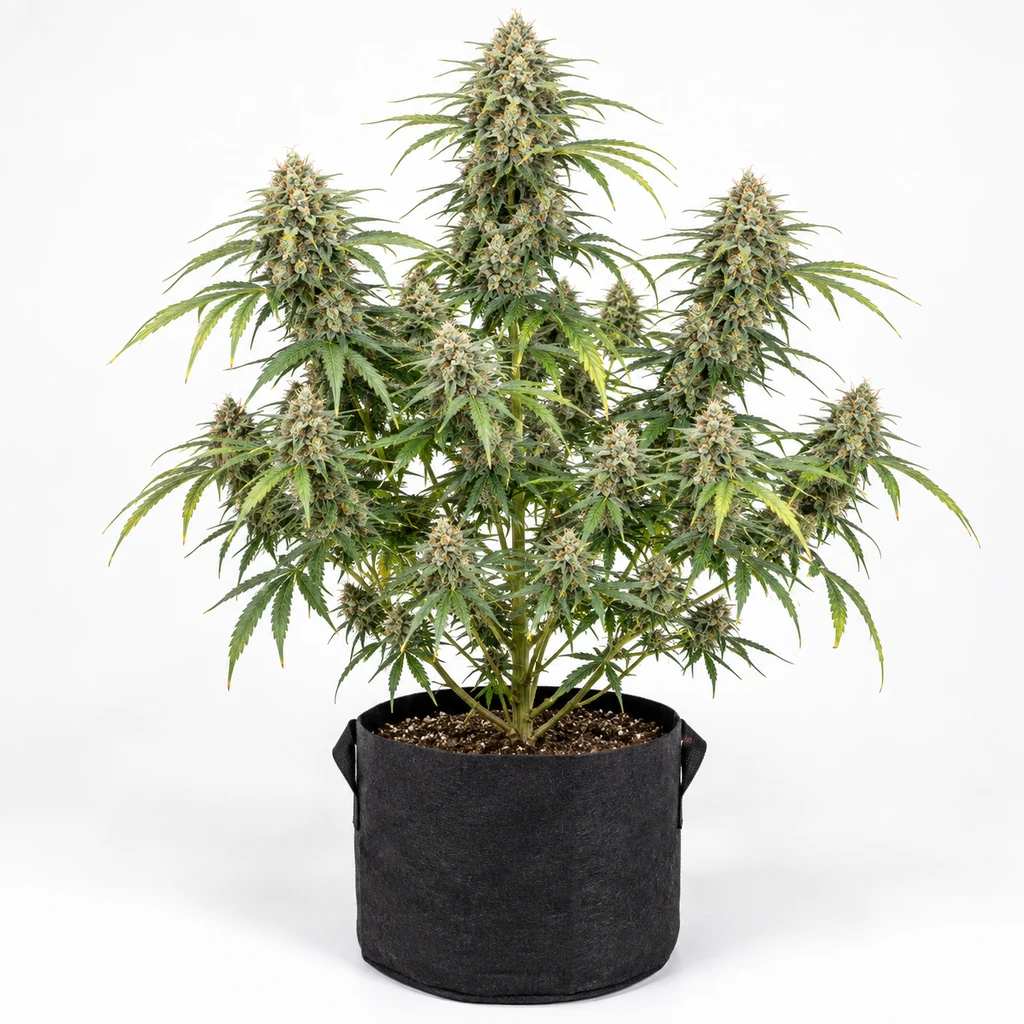 Ilustración de una planta de cannabis en floración en maceta negra para la ficha de Amnesia Feminizada de Advanced Seeds.
