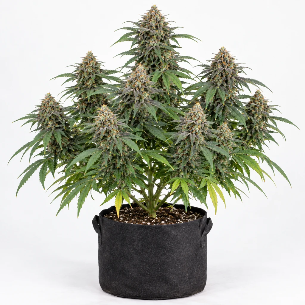 Ilustración de una planta en floración para la ficha de Prizmatic Humboldt Seeds, con cogollos abundantes en una maceta negra.