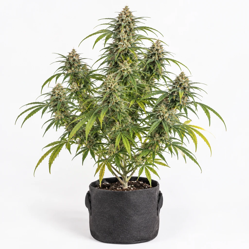Ilustración de una planta de cannabis en floración en maceta textil oscura para la ficha de Lemon Pie 0,5/15 Feminizada, sobre fondo blanco.