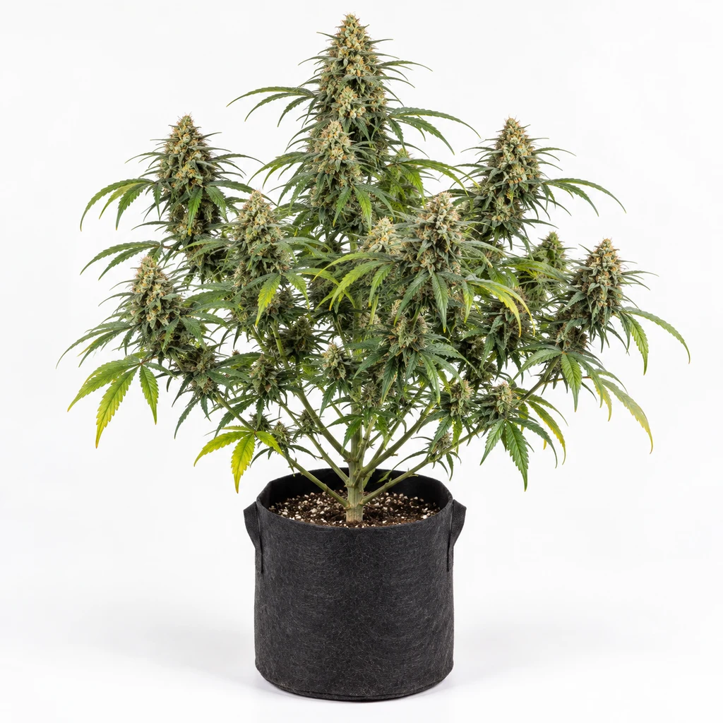 Ilustración de una planta de cannabis en floración en maceta negra para la ficha de Stardawg Autofloreciente, sobre fondo blanco.