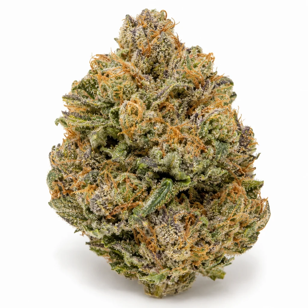 Ilustración de un cogollo para la ficha de Bruce Banner XXL Auto, con hojas verdes y moradas, tricomas claros y filamentos anaranjados.