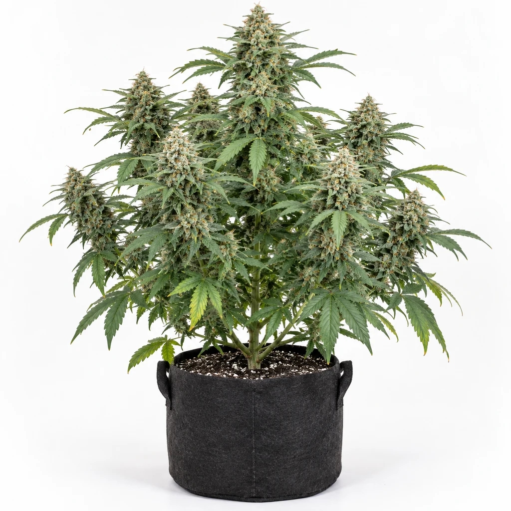 Ilustración de una planta de cannabis en floración en maceta negra, para la ficha de Bruce Banner XXL Auto, sobre fondo blanco.