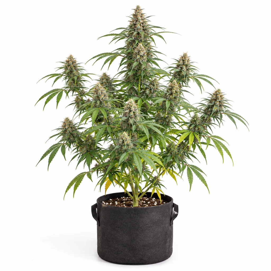 Ilustración de una planta ramificada con cogollos en maceta negra para la ficha de Diesel Drift Feminizada de Heavyweight Seeds.