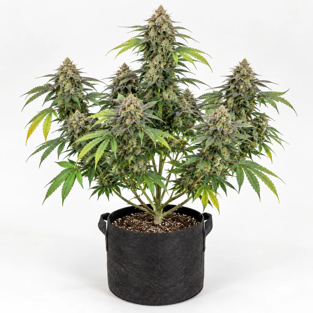 Ilustración de una planta con cogollos y hojas verdes en maceta negra para la ficha de Honeycomb Feminizada de Grand Cru Genetics.