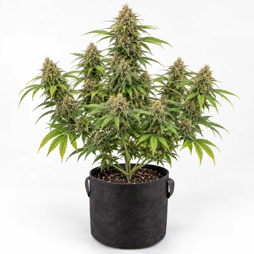 Ilustración de una planta en floración con varias ramas y cogollos en una maceta negra, para la ficha de Auto Klementine.