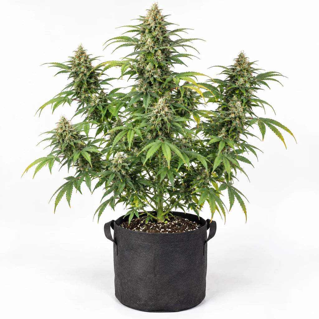 Ilustración de una planta en floración para la ficha de AK420 Feminizada, con cogollos alargados en maceta negra sobre fondo blanco.