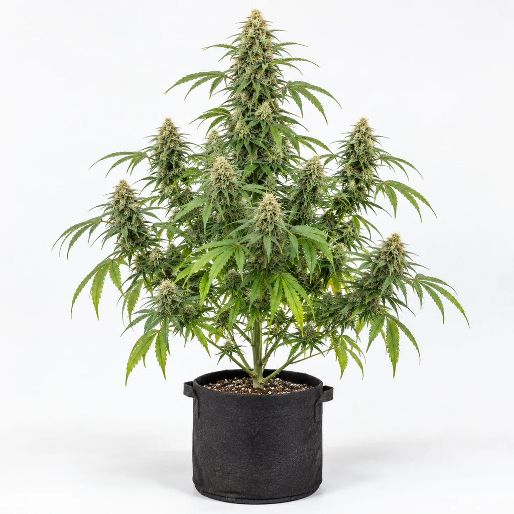 Ilustración de una planta de cannabis en floración para la ficha de Golden Lemon Haze, con cogollo central alto y maceta negra.