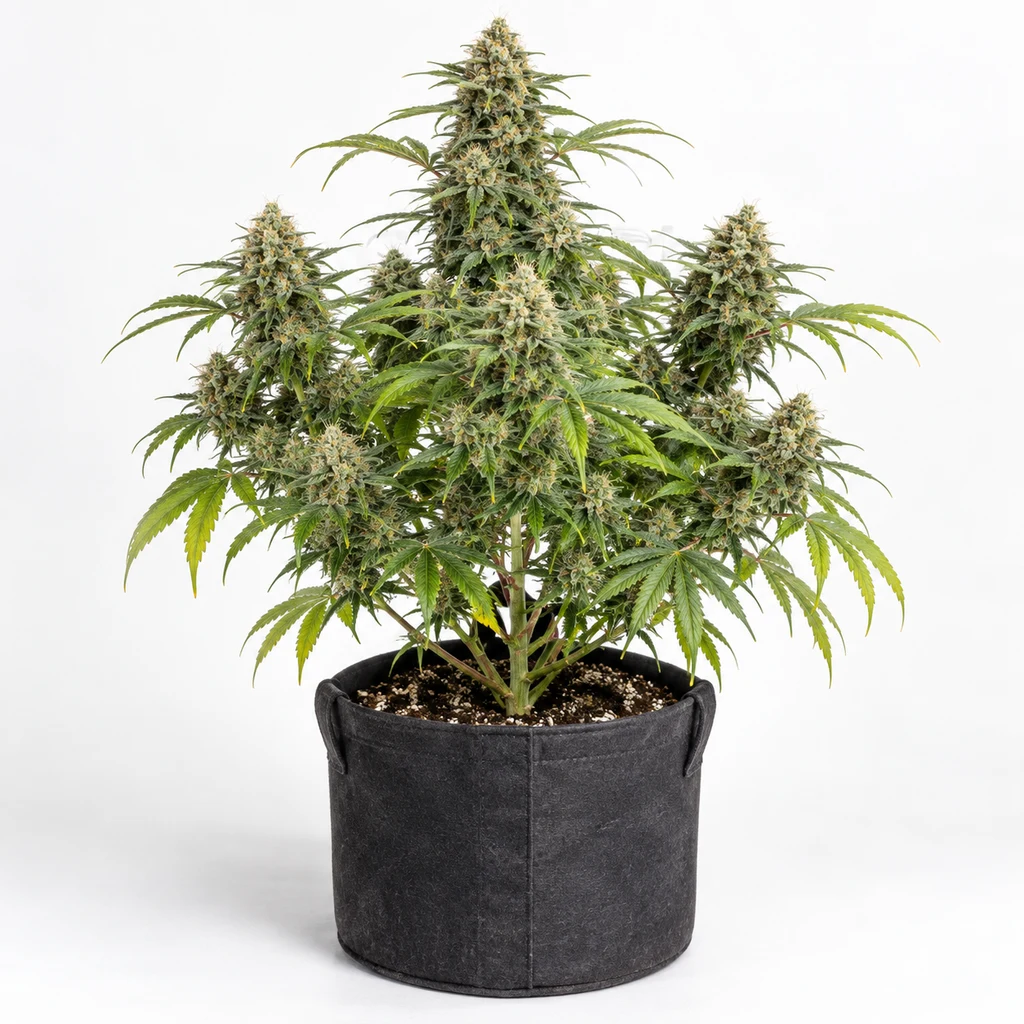 Ilustración de una planta de cannabis en floración para la ficha de Cream Auto, con abundantes cogollos en una maceta textil negra.