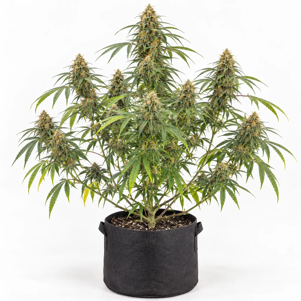 Ilustración de una planta de cannabis en floración en maceta negra, con varias ramas y cogollos, para la ficha de Orange Blossom.