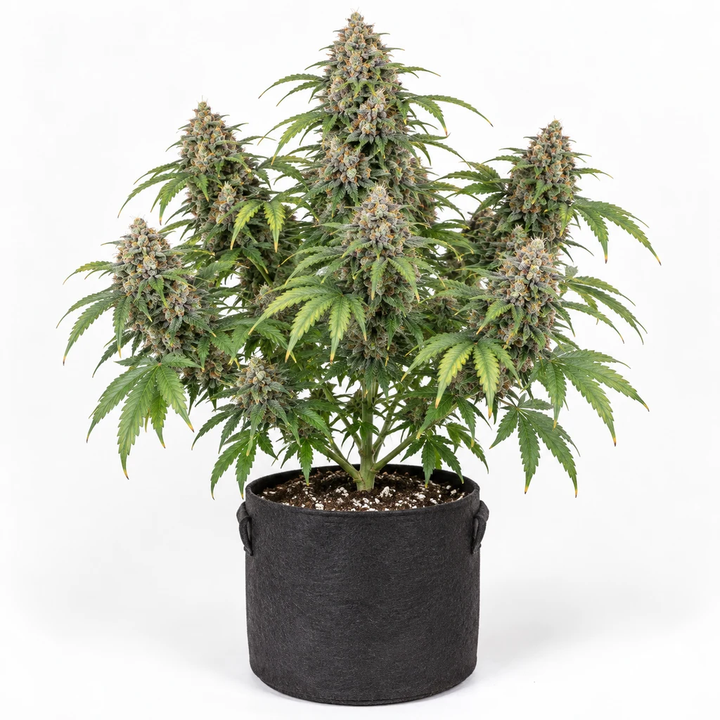 Ilustración de una planta de cannabis en floración para la ficha de Gorilla Zkittlez Auto, en maceta negra sobre fondo blanco.